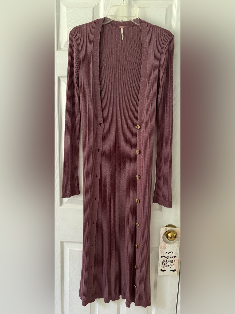 Free People Ribbed Button-Front Long Cardigan in Mauve
